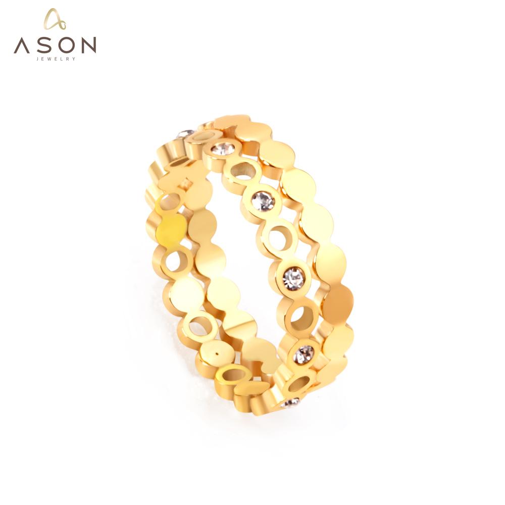 ASON Geometric Cubic Zirconia Fashion Gold Color Stainless Steel Finger Rings for Women Wedding Ring Jewelry Party Gift asonjewelry